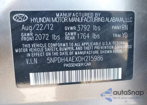 2013 Hyundai Elantra Gls/Limited из США, поврежденный, VIN 5NPDH4AEXDH215986